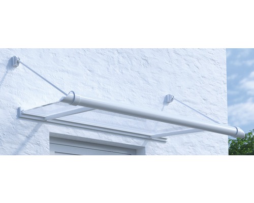 ARON luifel, aanbouwmodel, Reims gelaagd veiligheidsglas, 150x80 cm, wit, inclusief regengoot, links gesloten