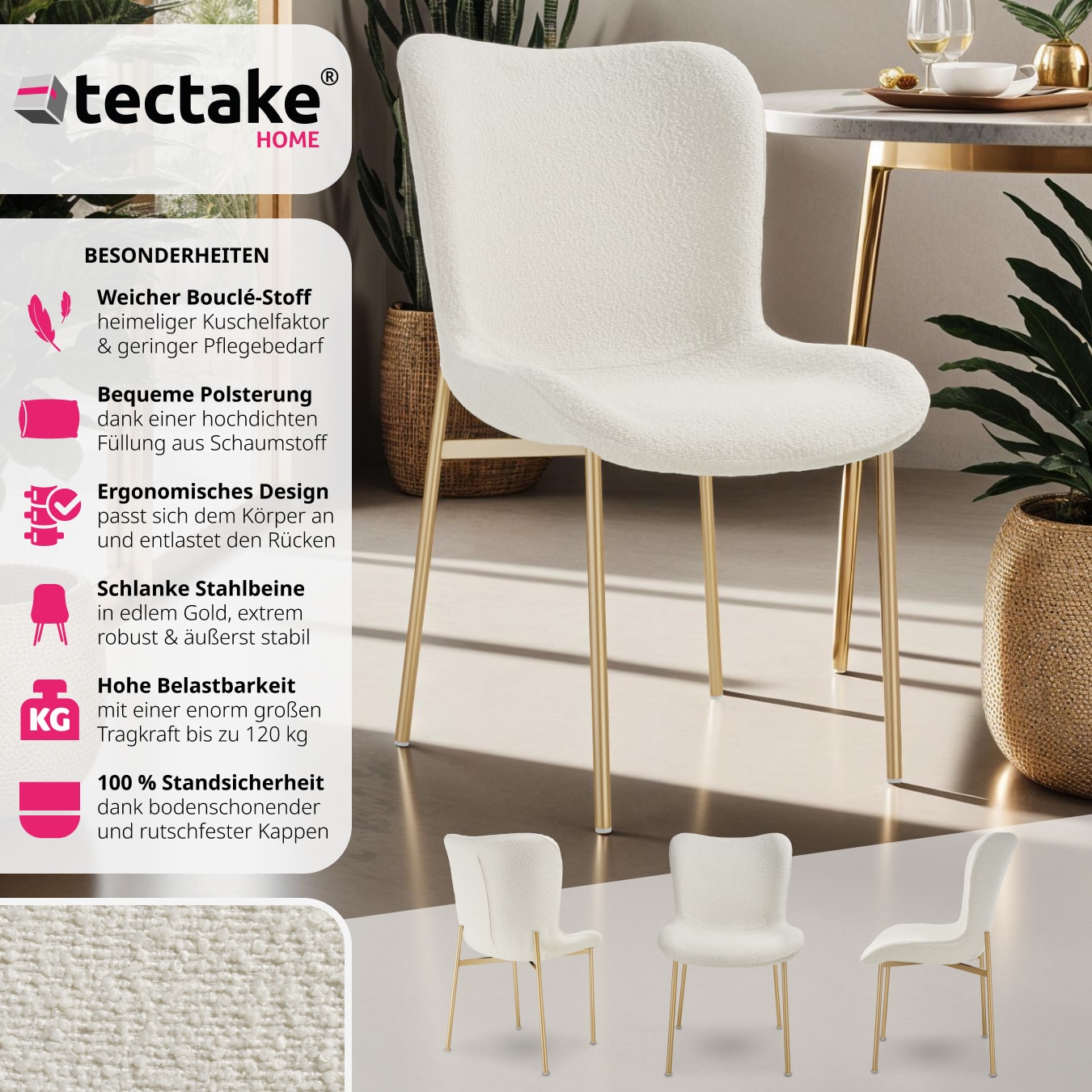 tectake® Polsterstuhl, ergonomische Form mit hoher Rückenlehne, bodenschonende Kunststoffkappen, 54 x 62 x 90 cm