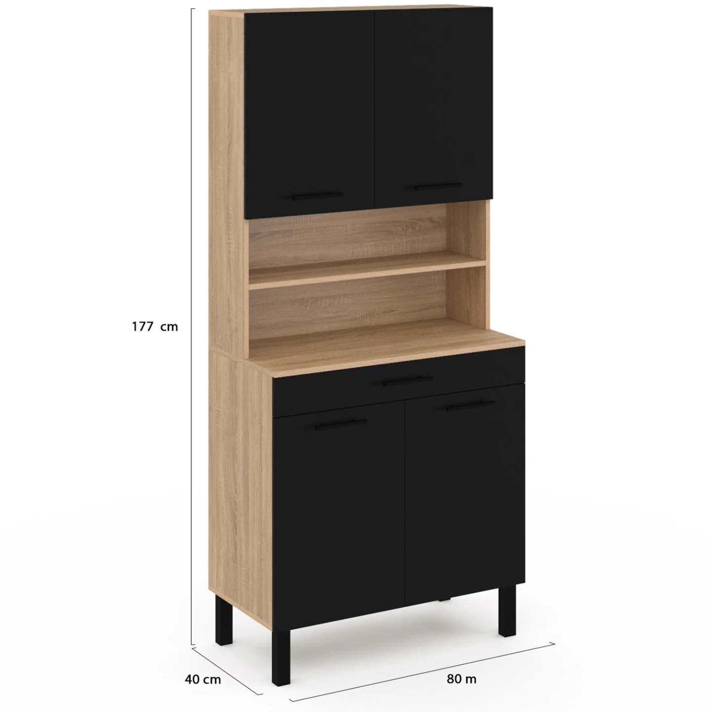 Buffet de cuisine 80 CM CINA 4 portes + tiroir façon hêtre et noir