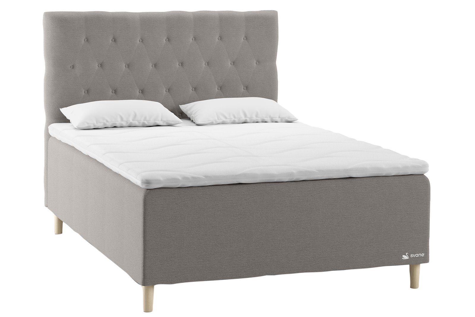 Svane® Corinne Exclusive Kontinentalseng 180x200 cm Tekstil Moment Ice Grey, Earth Elastec® overmadrass og Pin ben 14cm Oak, gavl selges separate, gavl selges separate