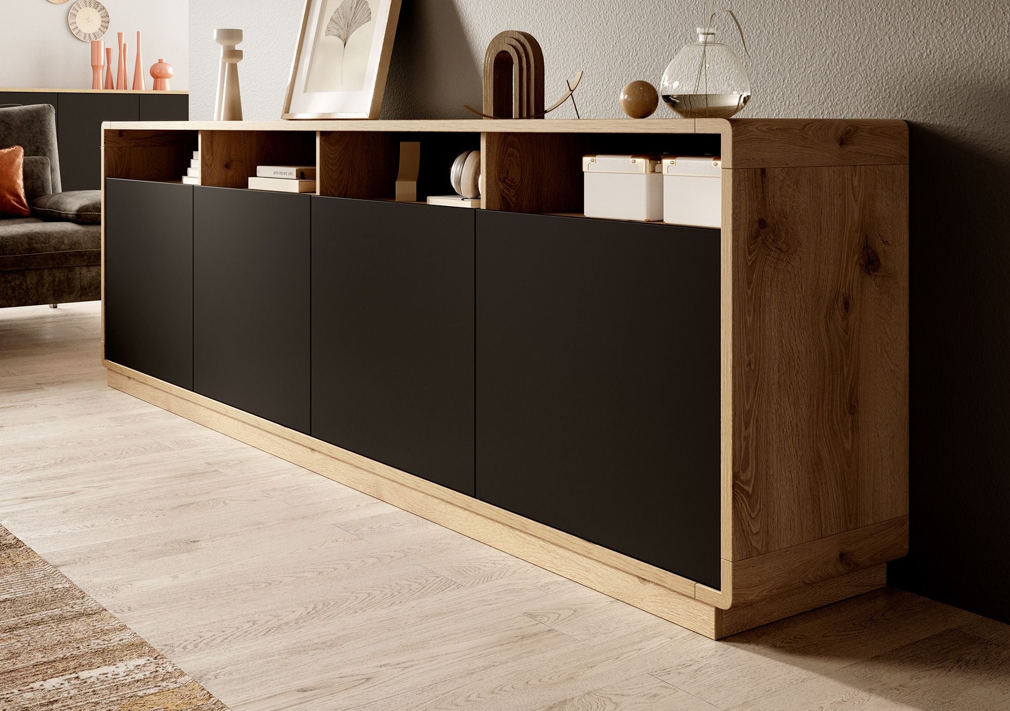 Meubella - Dressoir Acuna - Mat zwart - Eiken - 238 cm