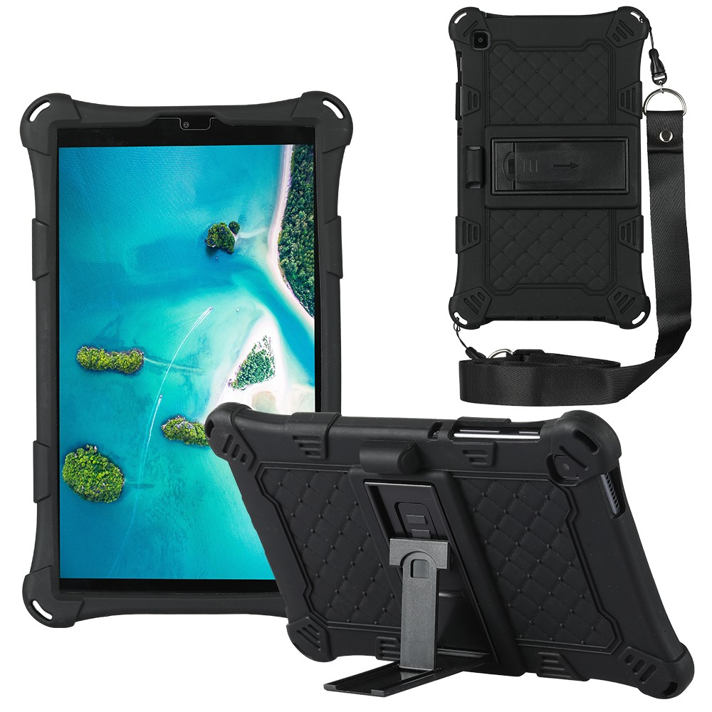 Samsung Galaxy Tab A7 Lite Outdoor Silikon Case Hülle Air Cushion mit Kickstand   Schultergurt - Schwarz