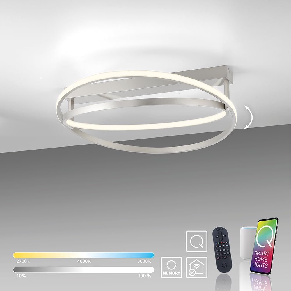 Paul Neuhaus LED Deckenleuchte Q-BELUGA Smart Home, dimmbar warmweiß – kaltweiß, Alexa kompatibel, Fernbedienung, geschwungenes Design (Stahl)