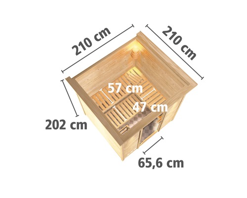 Karibu Rodina modulaire sauna zonder oven, met dakkroon en volledig glazen deur van helder glas