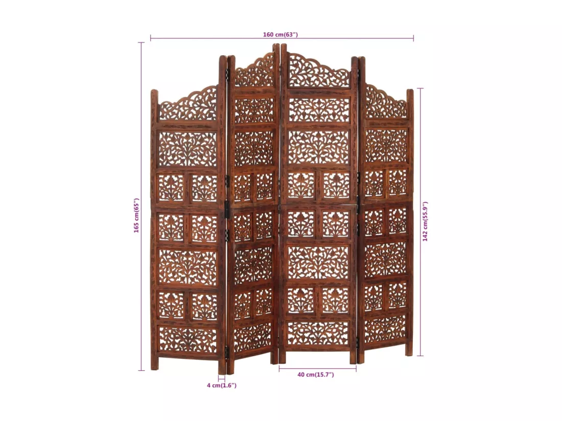 Cloison de séparation 4 panneaux Marron 160x165cm Bois manguier