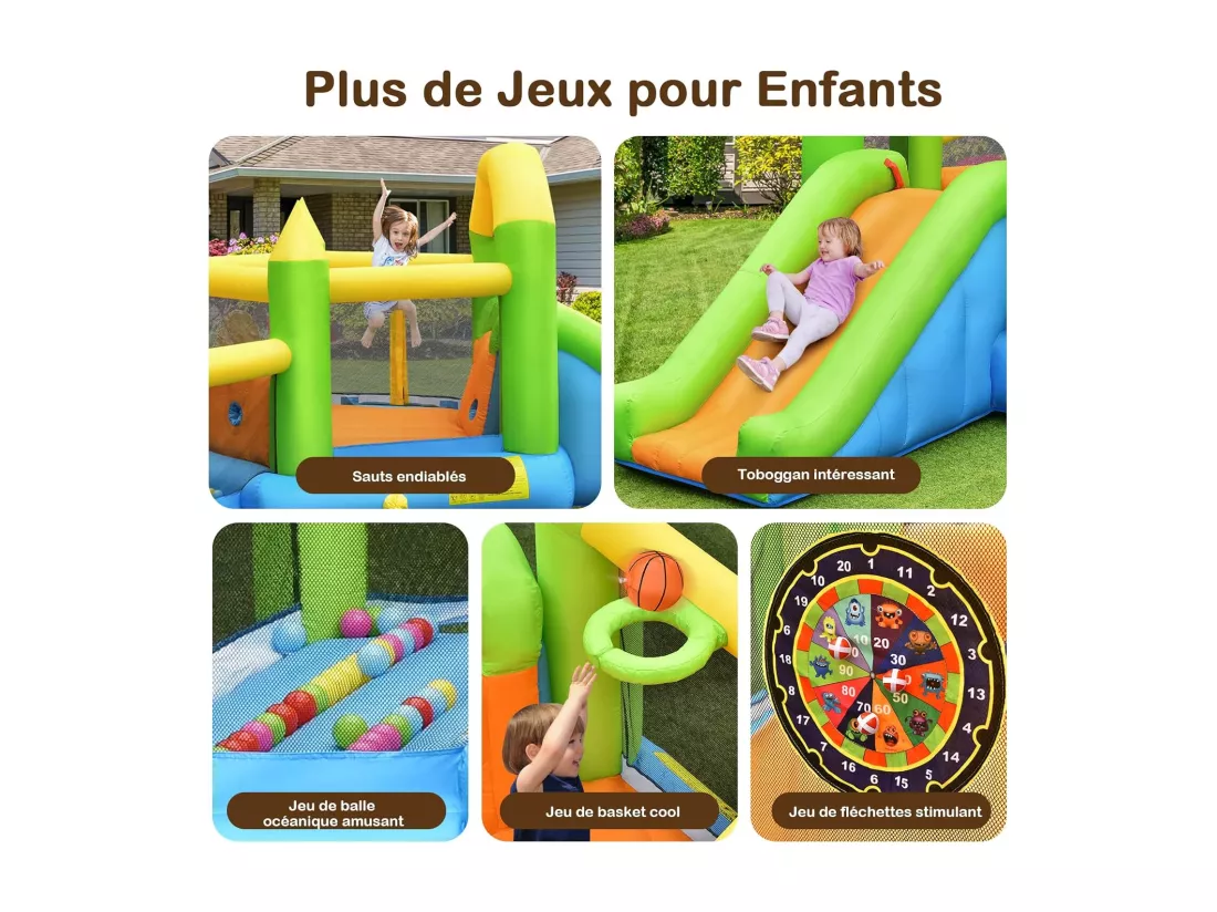 Château Gonflable en Forme de Pentagone avec Toboggan, Maison de Rebond Gonflable avec Piscine à Balles, Panier de Basket, Intérieur Extérieur pour 3 Enfants de 3-10 Ans (avec souffleur 450W)