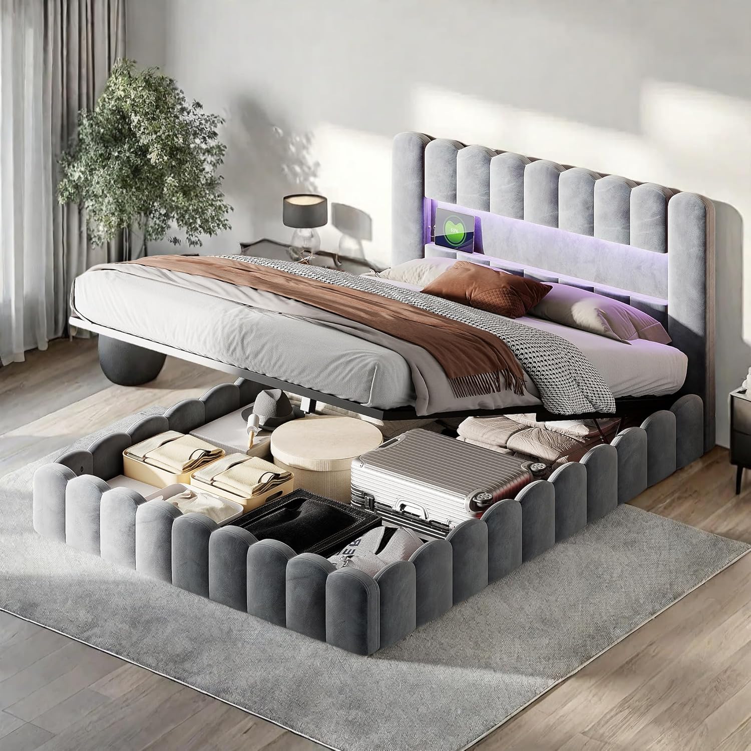 Bubble Bett 180x200 Mit Bettkasten, Polsterbett Doppelbett Mit Hydraulisch Stauraum, Stauraumbett Mit LED Und USB Ladefunktion, Jugendbett Bettgestell Mit Lattenrost, Samt, Ohne Matratze,Grau