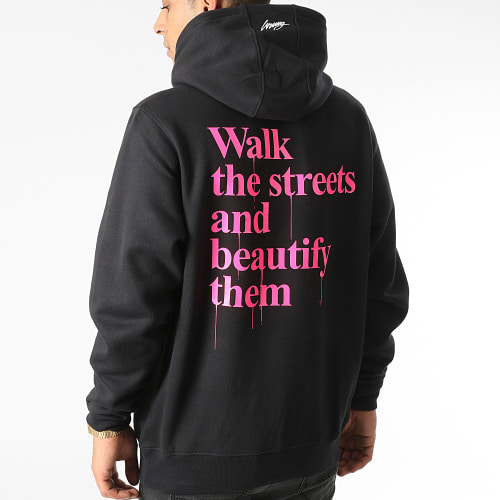 Sweat Capuche Walk Noir Rose Fluo