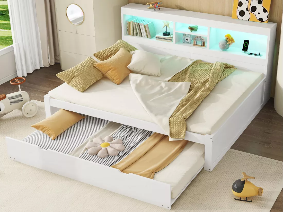 Lit banquette 140x200cm avec un lit gigogne 90x190cm - chevet de rangment avec LED et prises - Blanc