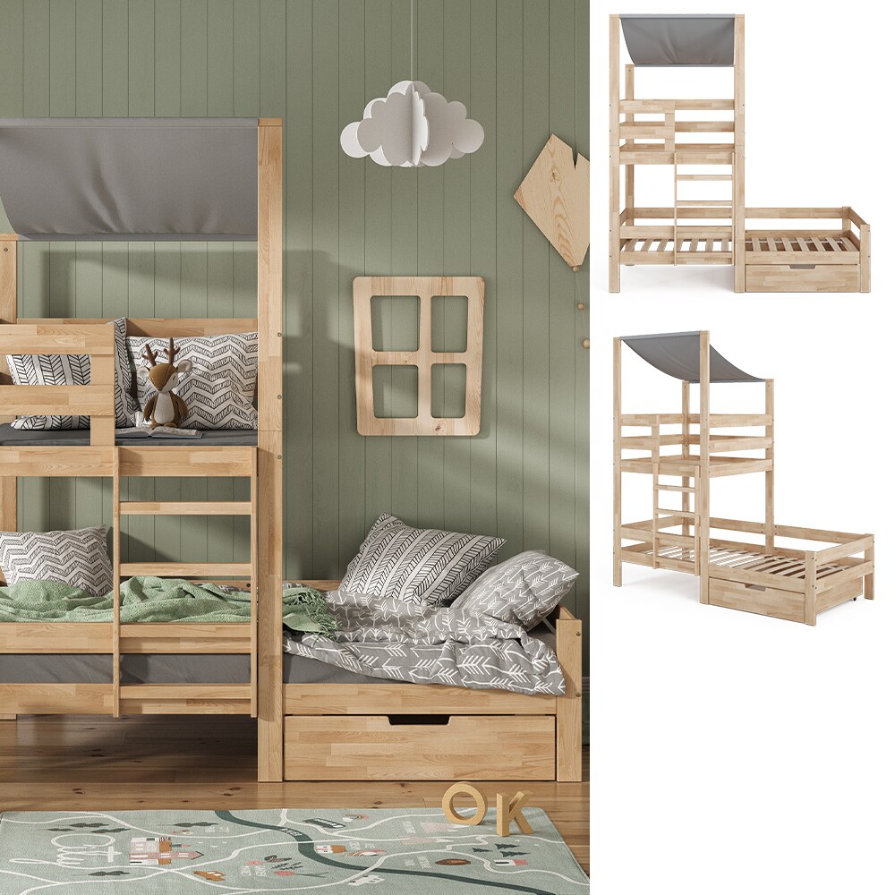 VitaliSpa Spielturmbett Kinderbett Spielbett Tom Natur modern 204x218 cm Massivholz Kinderzimmer Lattenrost Bettleiter Matratze Abenteuerbett Kletterbett