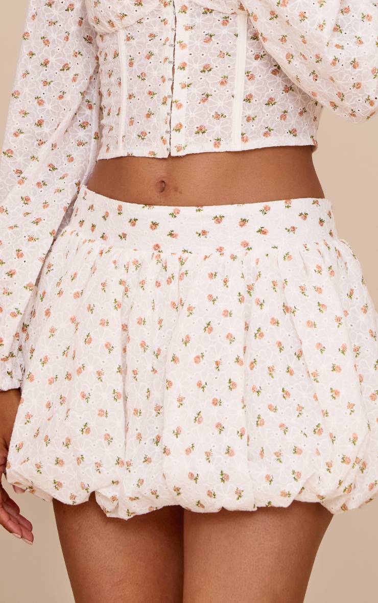 Blanc Ensemble Jupe Bouffante À Imprimé Fleuri Ditsy Rose