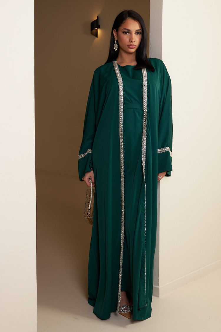 Ensemble 3 pièces abaya + gilet + voile à perles vert foncé