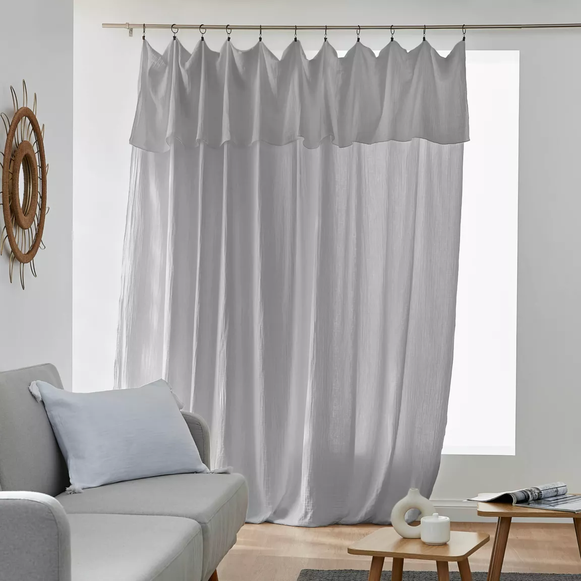 Rideau gaze de coton ajustable (280 x max 300 cm) Gaïa Gris nuage
