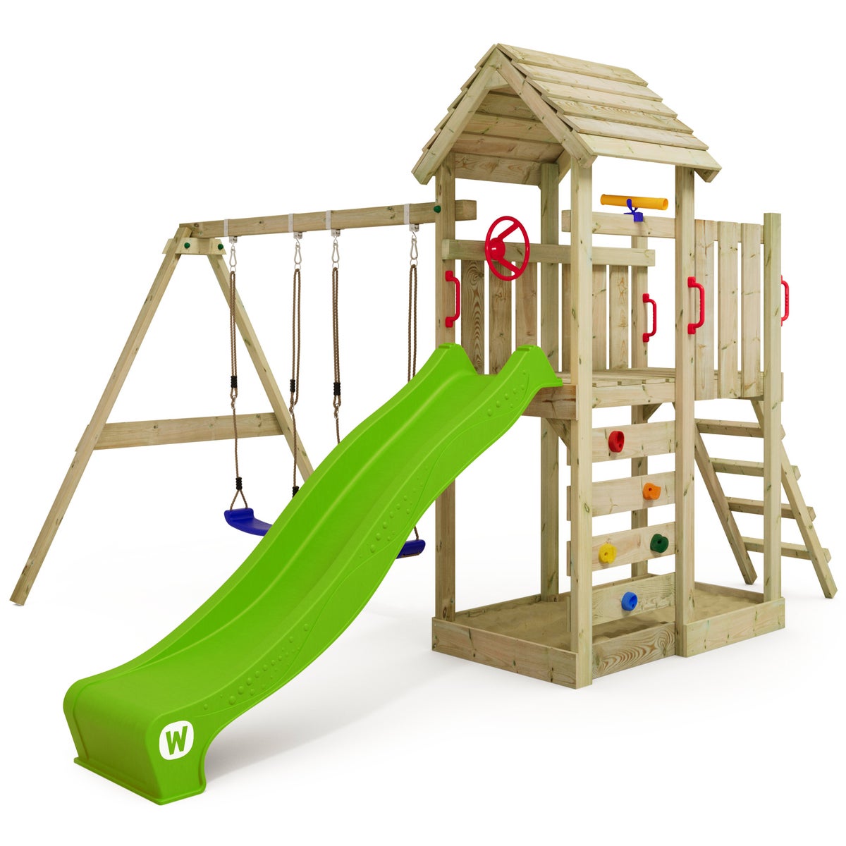 WICKEY MultiFlyer Houten Dak Speeltoren met Schommel en Glijbaan, Klimtoren met Houten Dak, Zandbak, Ladder en Speelaccessoires - Appelgroen