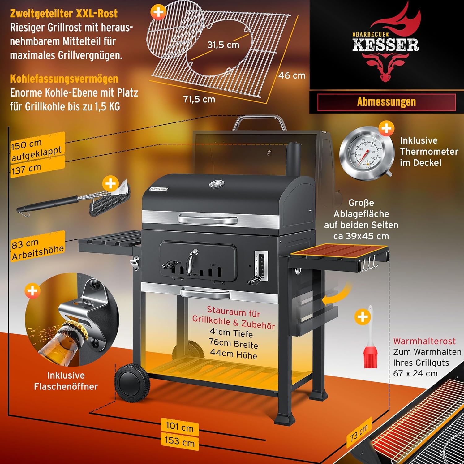 KESSER® Grillwagen BBQ Smoker XXL Holzkohlegrill mit Deckel, Rädern, Edelstahl-Griff, Thermometer, Grillrost, Bürste, Abdeckhaube & Silikon-Pinsel, Standgrill, Kohlegrillwagen