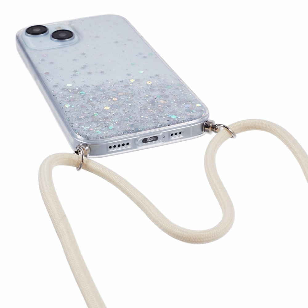 iPhone 15 Necklace Gummi Hülle im Glitzer Design   Handykette (140cm) - Weiss / Transparent
