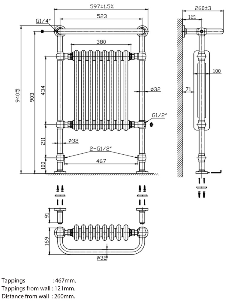 Eastbrook Isbourne klassieke radiator 60x95cm 894W messing/wit
