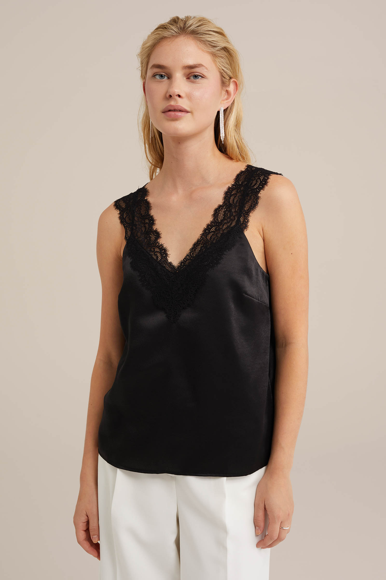 singlet met kant en satijnen look WE Fashion Zwart