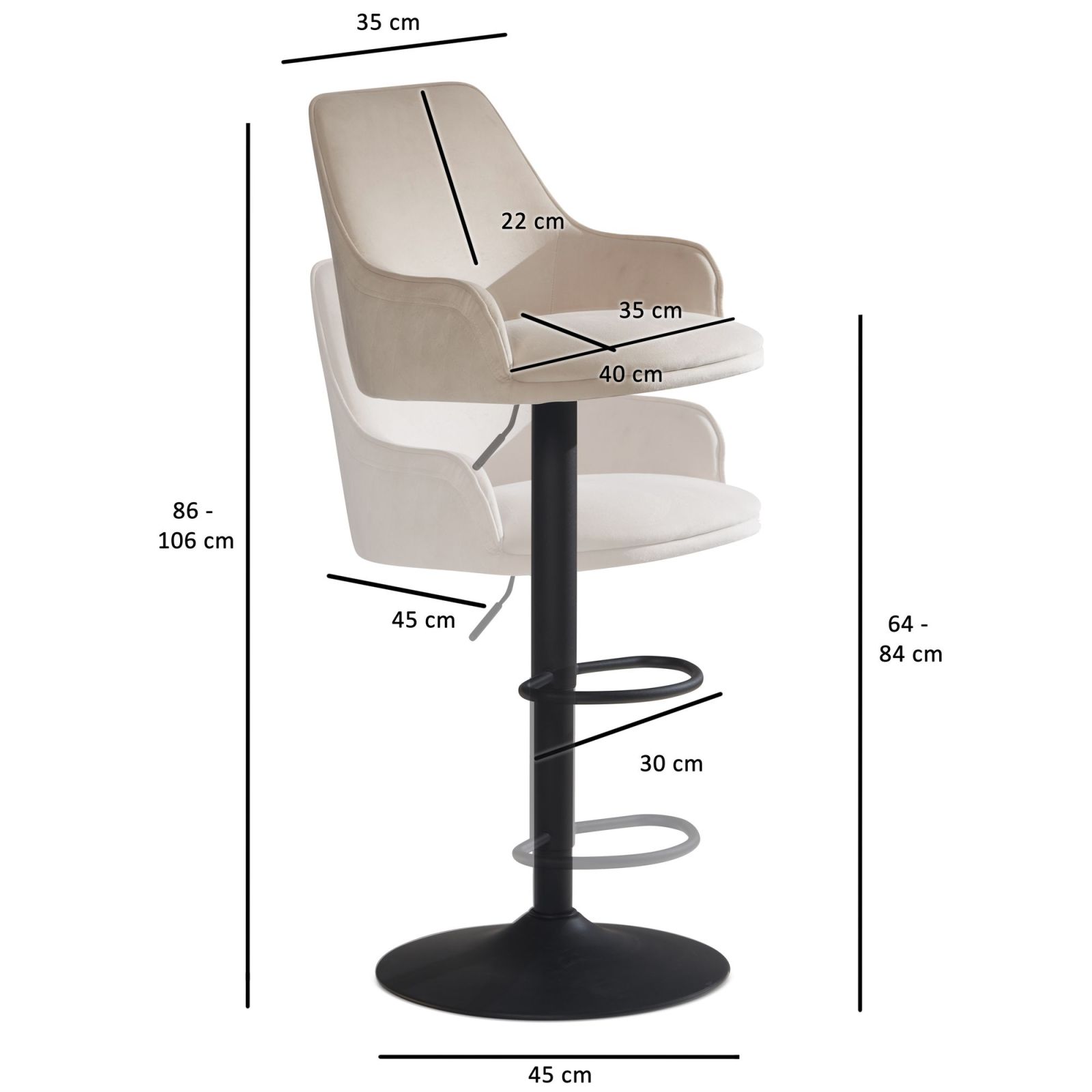 Barhocker - beige - Samt - drehbar - höhenverstellbar