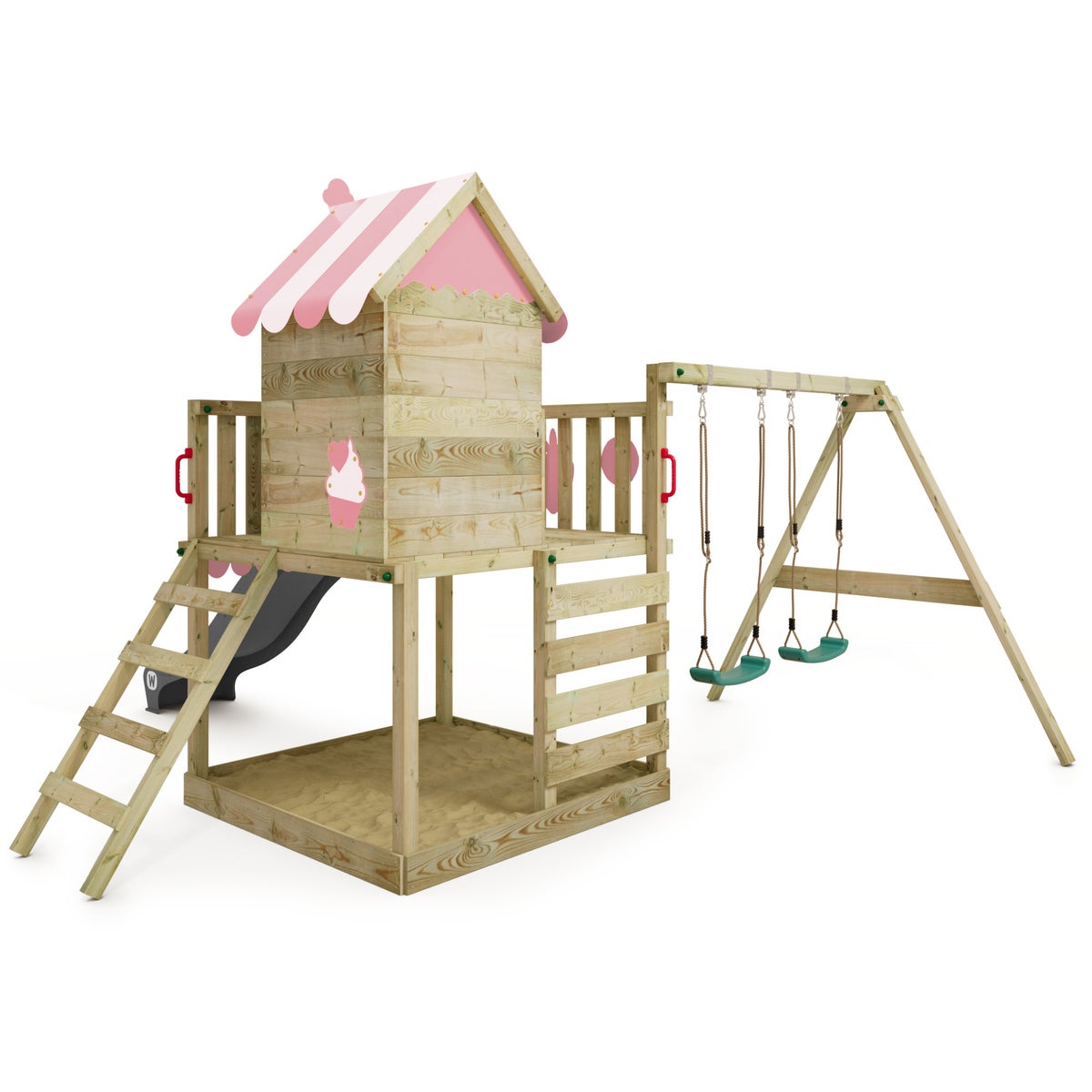 WICKEY Smart Candy speeltoren klimtoestel met schommel en glijbaan, boomhut met zandbak, klimladder en speelaccessoires – antraciet