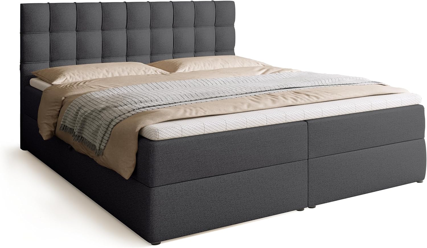 BROMARKT Boxspringbett mit Bonell Matratze und Bettkasten Doppelbett mit Topper 180x200cm Härtegrad H3 Bett für Schlafzimmer gepolsterte Kopfstütze Detroit Dunkelgrau
