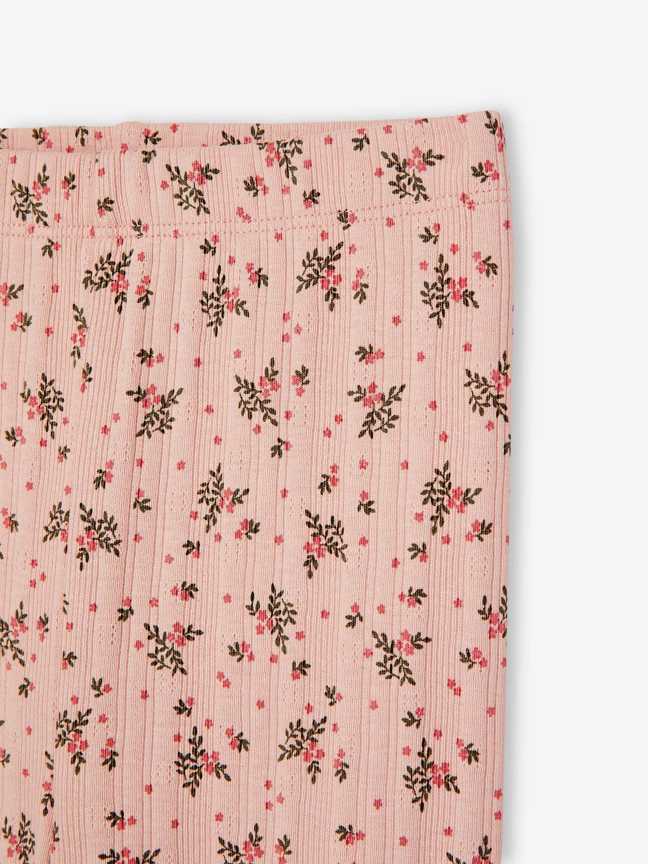Leggings com estampa floral e tricô vazado para meninas, cor rosa.