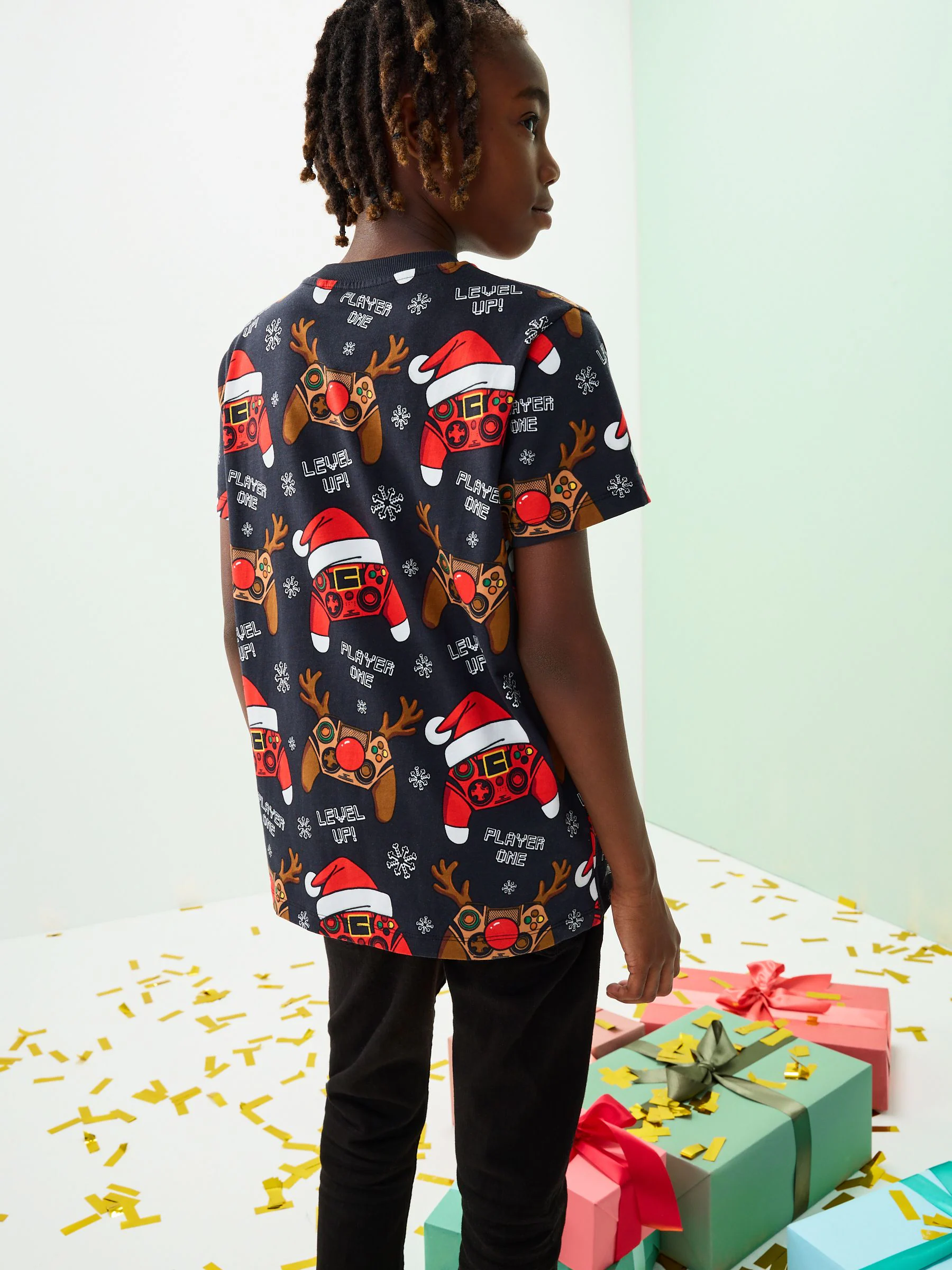 Zwart met controller - Kerst-T-shirt met korte mouwen (3-16jr)