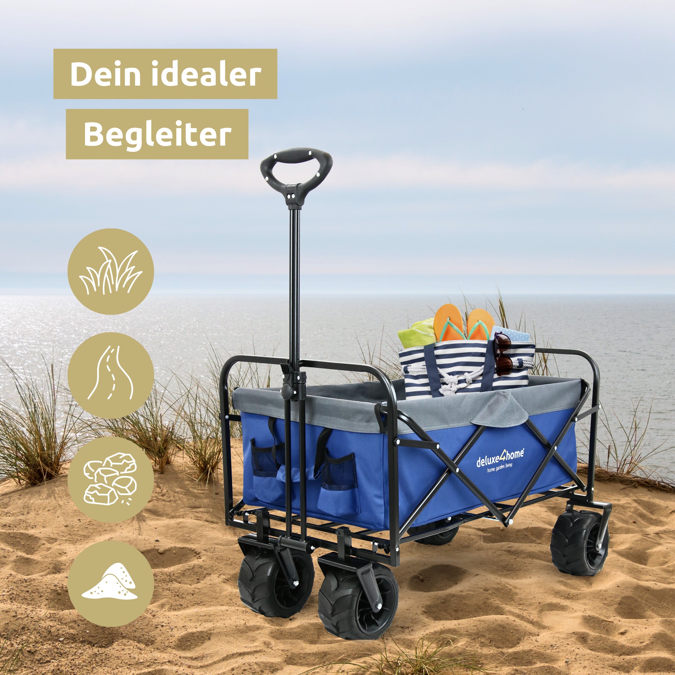 deluxe4home® Bollerwagen mit breiten Reifen | Blau/Grau