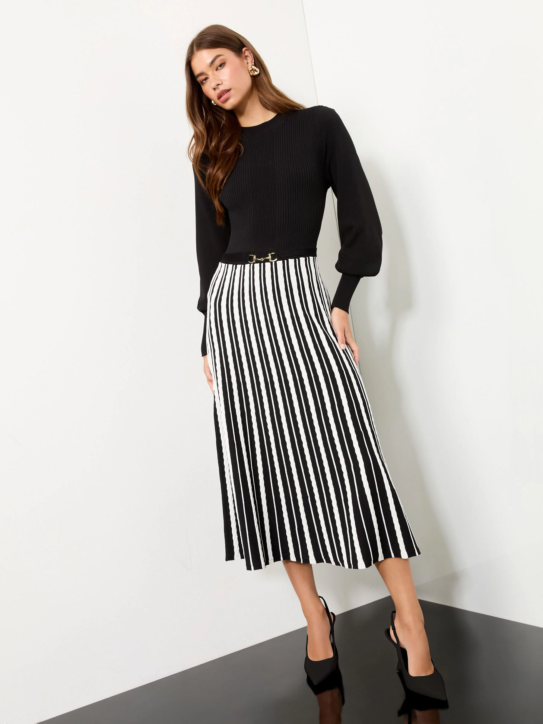 Lipsy Gold Snaffle Trim Crew Neck Long Sleeve Stripe Patterned Knitted Midi Dress