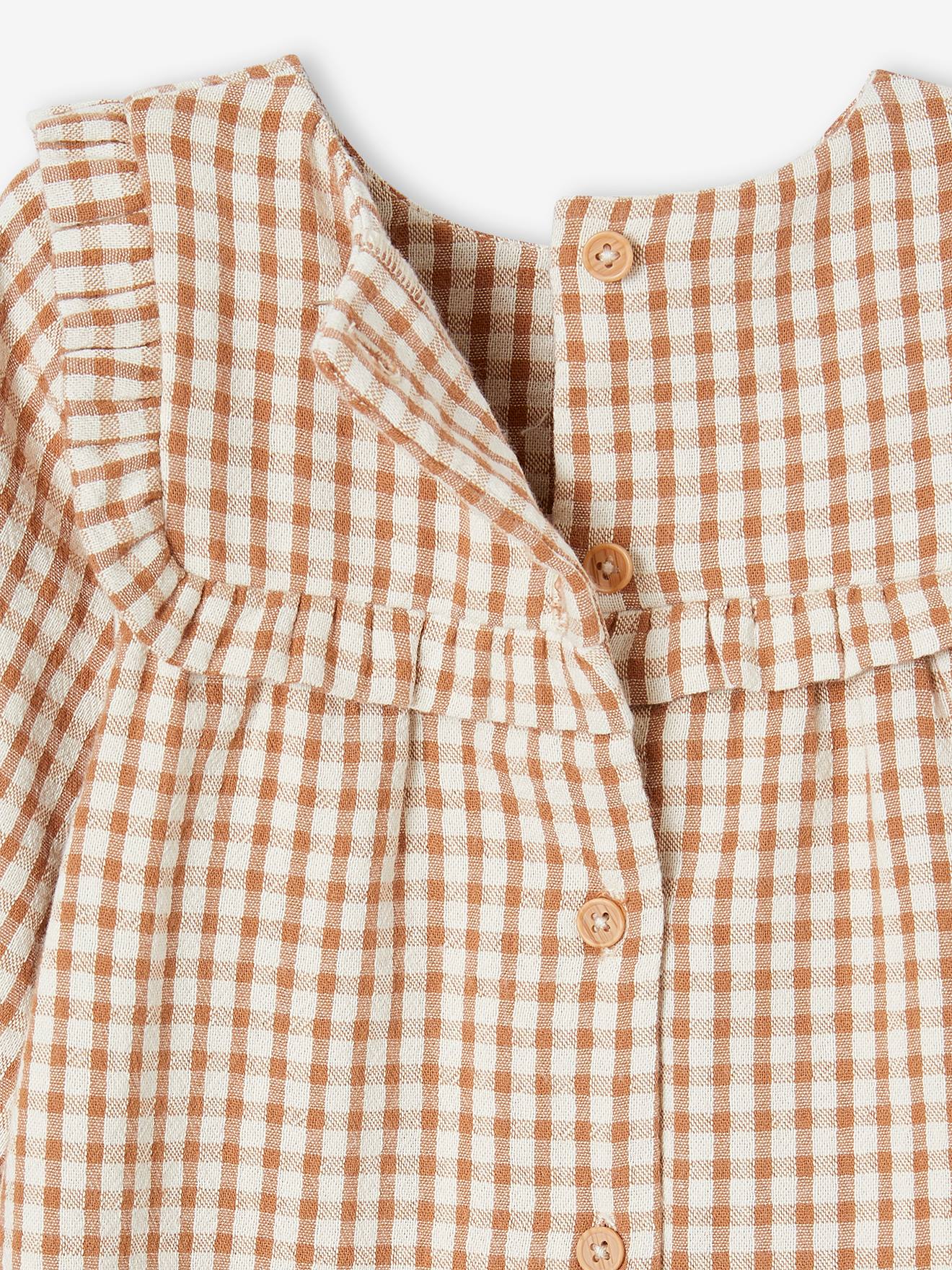 Conjunto para bebê: vestido xadrez vichy e leggings combinando na cor noz-pecã