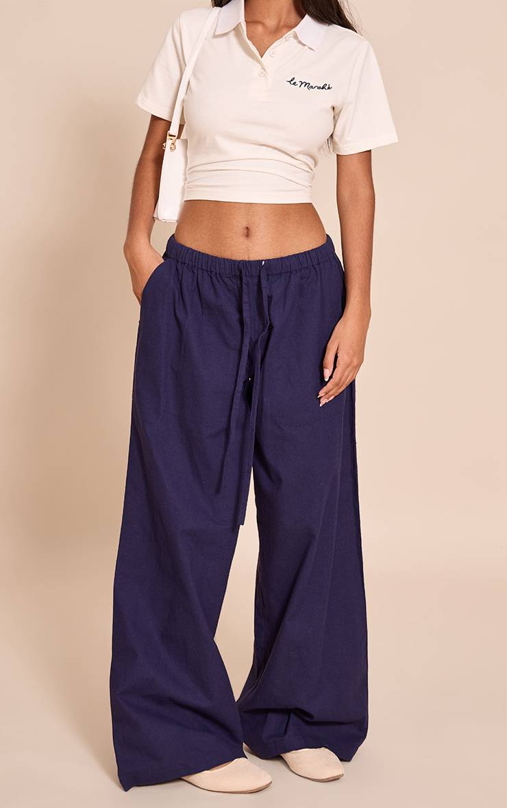 Bleu Marine Pantalon Petite En Lin Avec Taille À Cordon Coulissant
