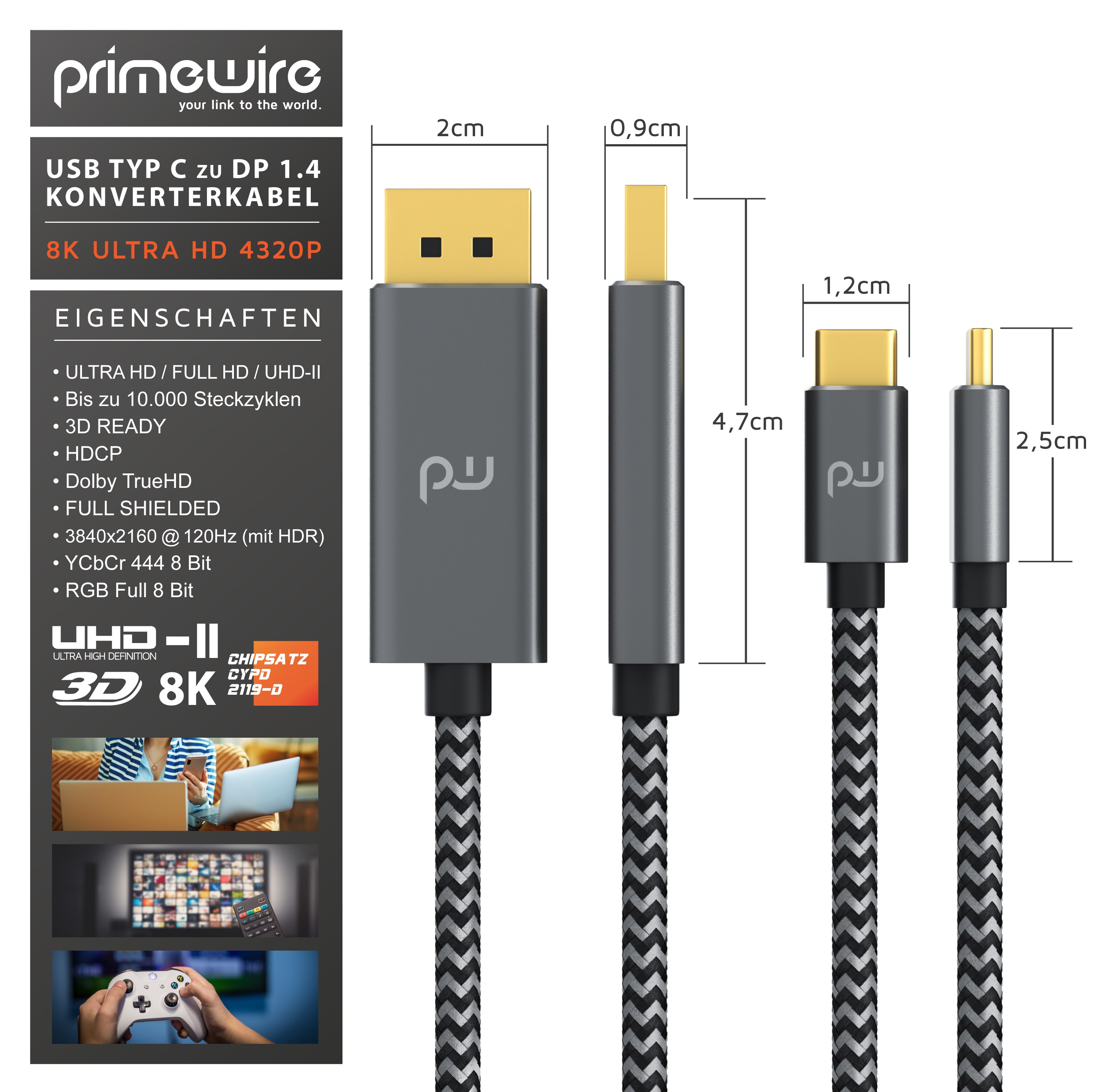 Primewire USB Typ C zu Display Port Konverterkabel Adapterkabel mit Stoffummantelung 8K 7680 × 4320 @ 30 Hz - 2m