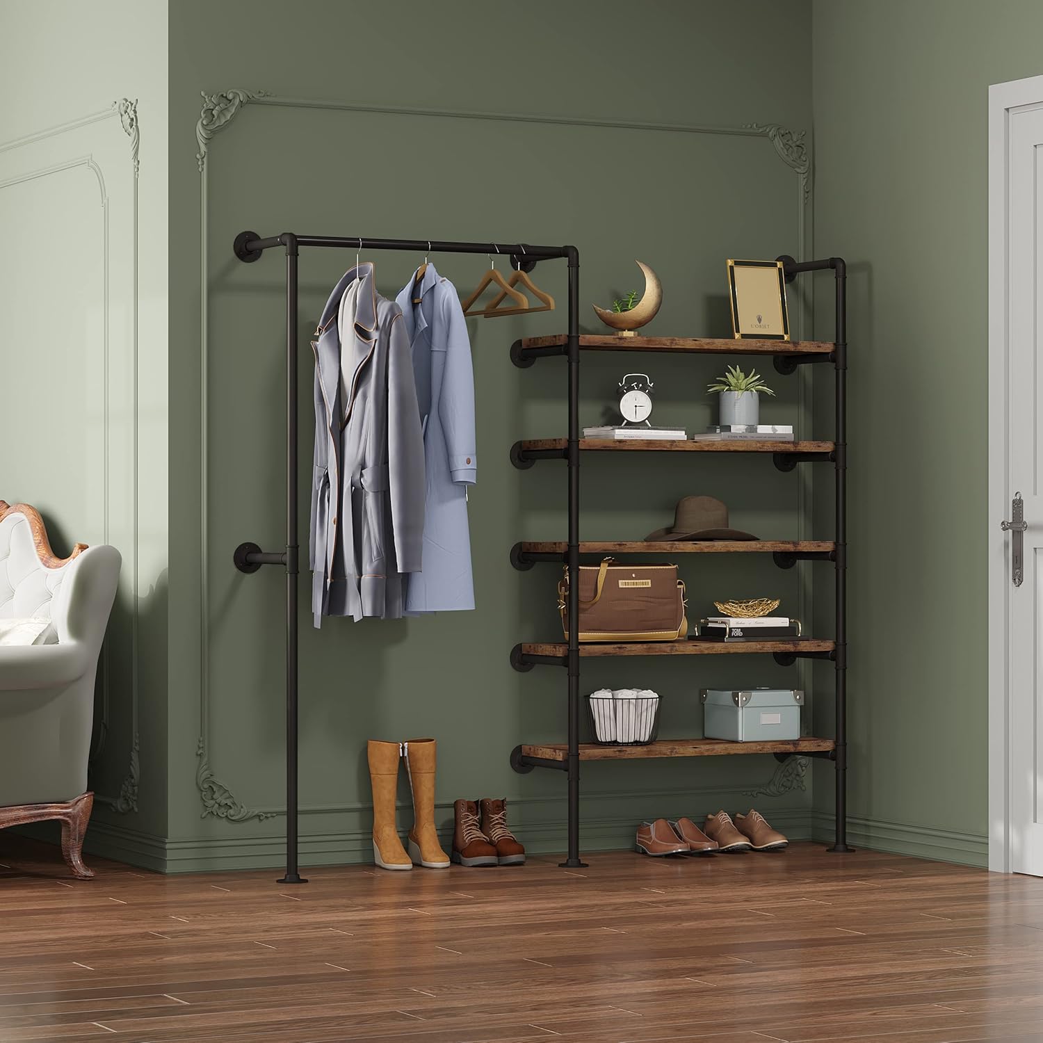 WOLTU Kleiderständer mit Ablagen, Garderobe mit Kleiderstange, Garderobenständer Wandmontage, Vintage Industrial Design