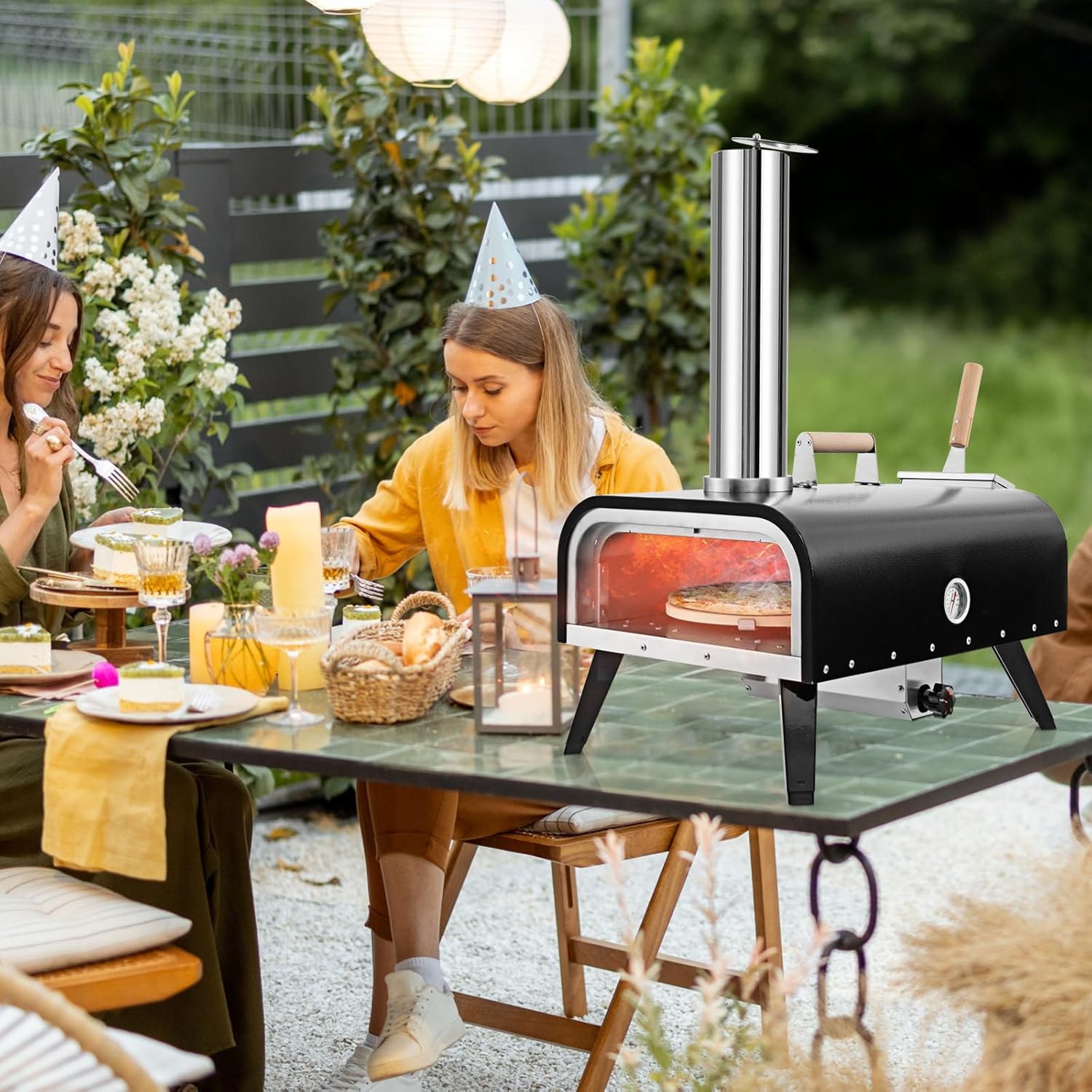 COSTWAY Outdoor Pizzaofen, tragbarer Pizza Ofen aus Edelstahl mit Pizzastein, Pizzaschaufel, Thermometer, klappbaren Beinen & Tragetasche, für Picknick, Party, Camping