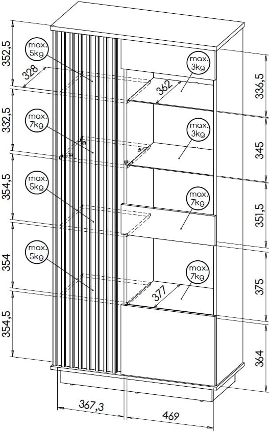 Generisch LAMELO LA3 Modern Wohnzimmer & Esszimmer Vitrine, 90cm, Wotan Eiche/Schwarz, Laminat, Vitrinenschrank, 40x90x194cm, 8 Glasregale, Wandmontage, 2 Scharniertüren