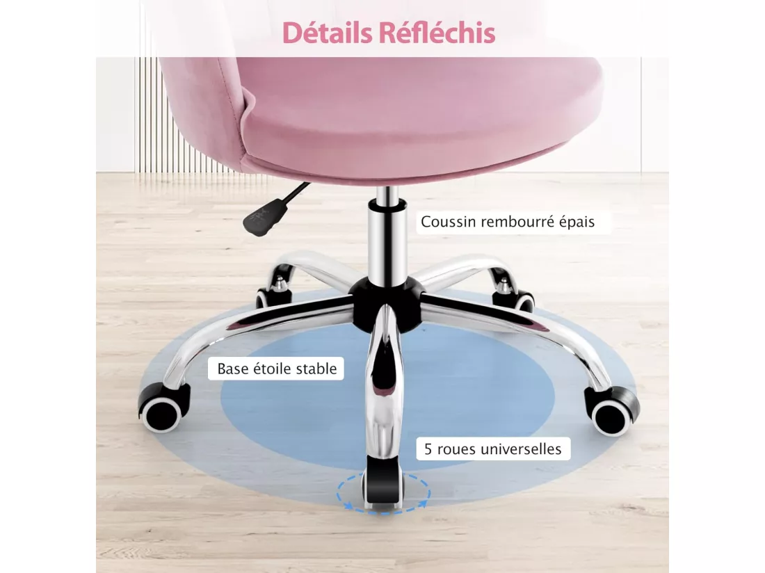 Fauteuil de Bureau en Velours avec 5 Roues Universelles, Chaise de Coiffeuse avec Hauteur Réglable, Chaise Salon Rembourrée Pivotante, Forme de Coquillage, pour Salon, Chambre, Bureau (Rose)