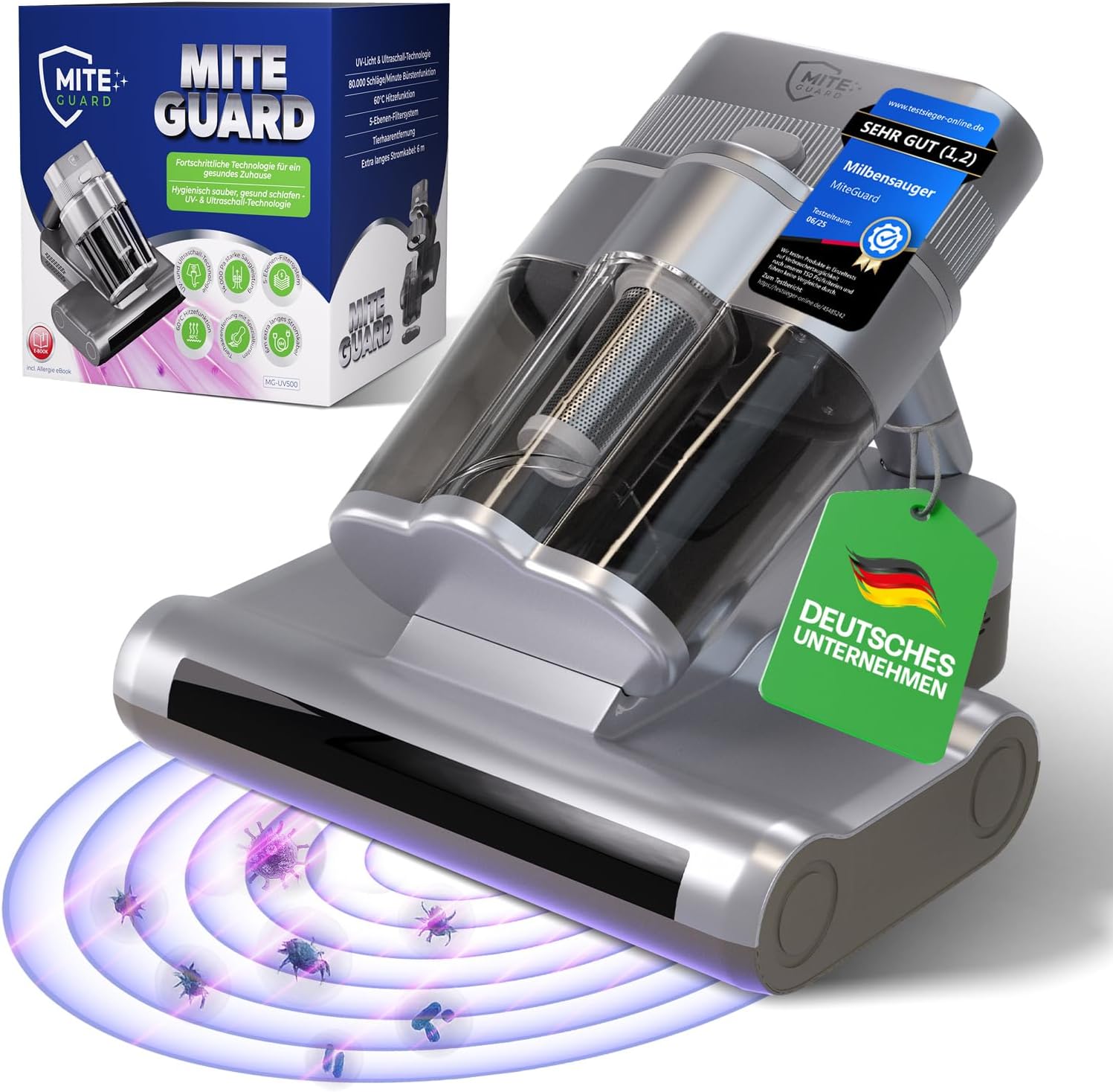 Miteguard® Milbensauger für Matratzen & Polster mit 2 Spezialbürsten - UV-Licht, Ultraschall-Gerät & 60°C Heißluft - Matratzenreiniger, Sauger gegen Hausstaubmilben, Tierhaare & Allergene