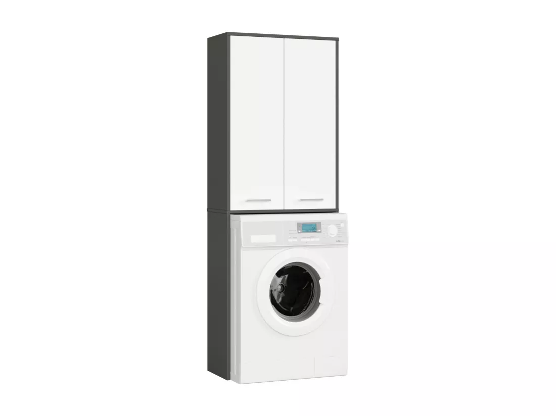 Meuble pour machine à laver FIN Gris Graphite 64 cm 2 portes façade Blanche 4 étagères 64x30x180 cm