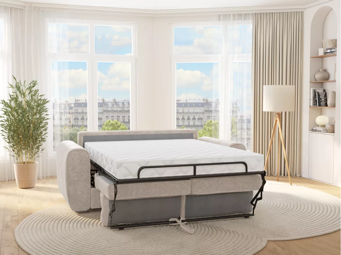 Canapé 3 places convertible express en tissu beige - Couchage 140 cm - Matelas 14 cm BOLIPO
