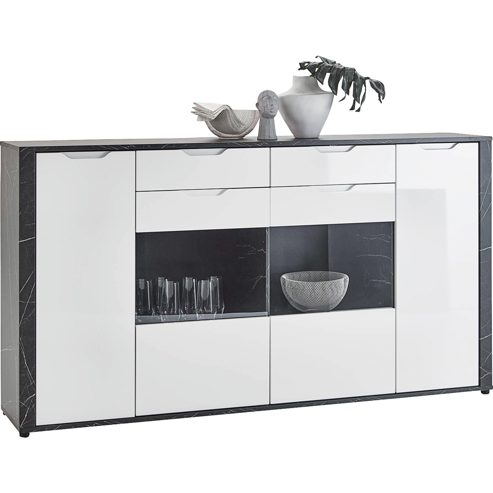 Highboard Kos MDF Marmor schwarz weiss 200 x 109 x 40 cm