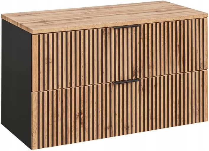 Set XO Schwarz Eiche Wotan: Unterschrank 120 cm mit 2 Schubladen + 35x140 cm Seitenschrank Hängeschrank Badschrank Badezimmerschrank Soft-Close Badmöbel-Set Geriffelte Fronten