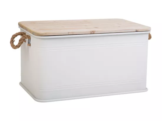 Coffre en métal, couvercle en bois et poignées en corde imprimée blanc 60x38x33h cm