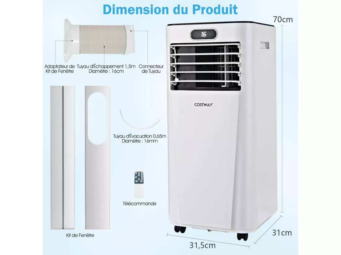 Climatiseur Mobile 4 en 1 R290 7000BTU 15 ㎡ [Classe énergétique A] Rafraîchissement, Déshumidification, Ventilateur et Mode Nuit (Blanc)