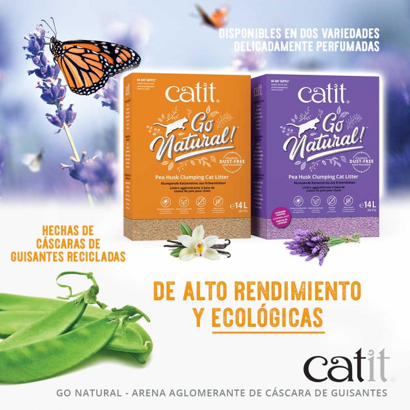 Areia higiênica aglomerante Catit Go Natural com casca de ervilha, 25% de desconto, 7kg, aroma de baunilha.