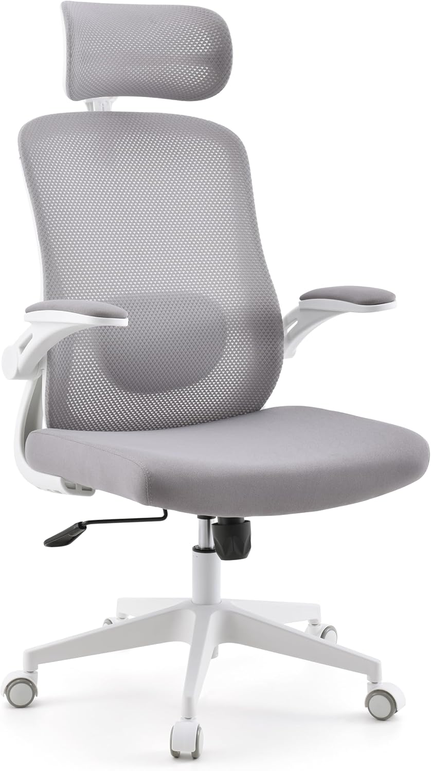 Home Office Bürostuhl VERTUFLEX Ergonomischer, 4D-Kopfstütze, höhenverstellbarer Lordosenstütze, hochklappbaren Armlehnen, Grau
