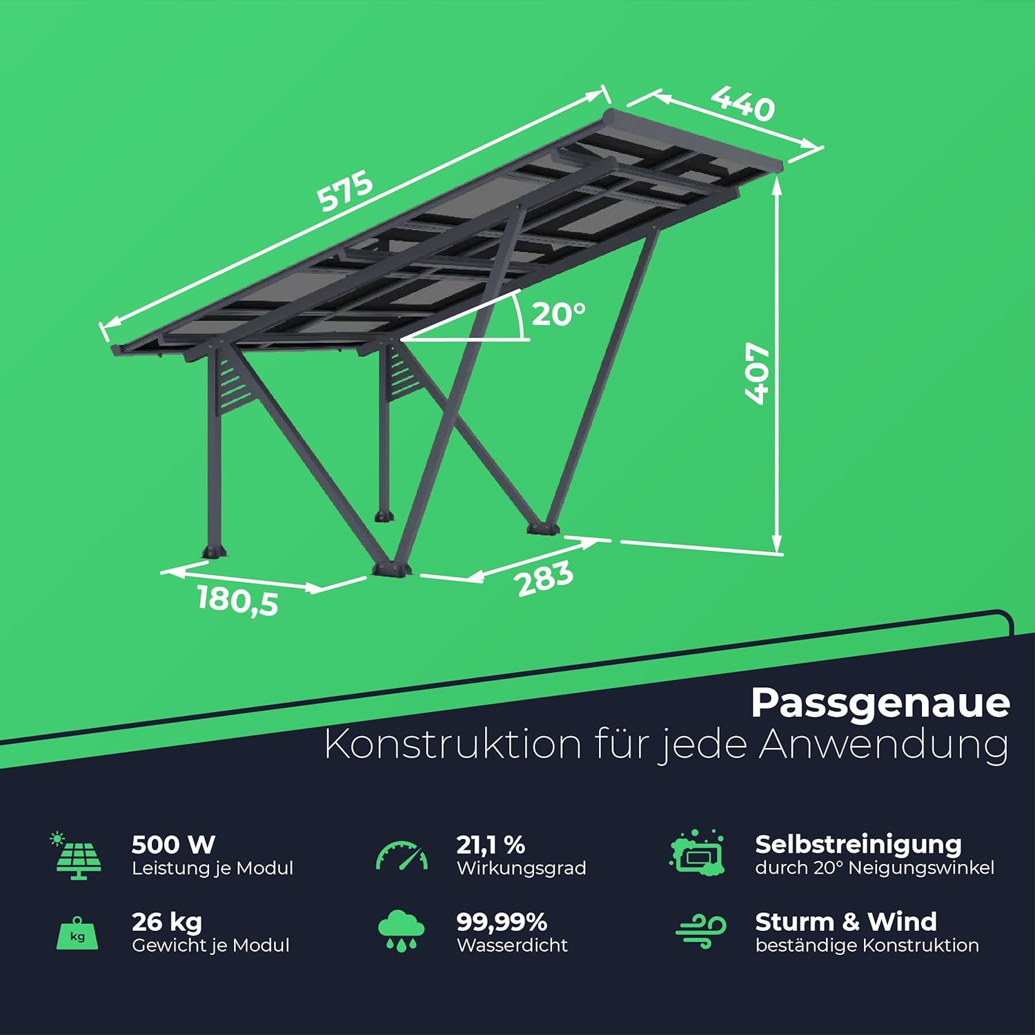 Solarway Solar-Carport Gestell aus Aluminium mit 5000 Watt - inklusive 10 Solarpanels mit je 500 Watt - versiegeltes Dach mit Regenrinne für besten Witterungsschutz