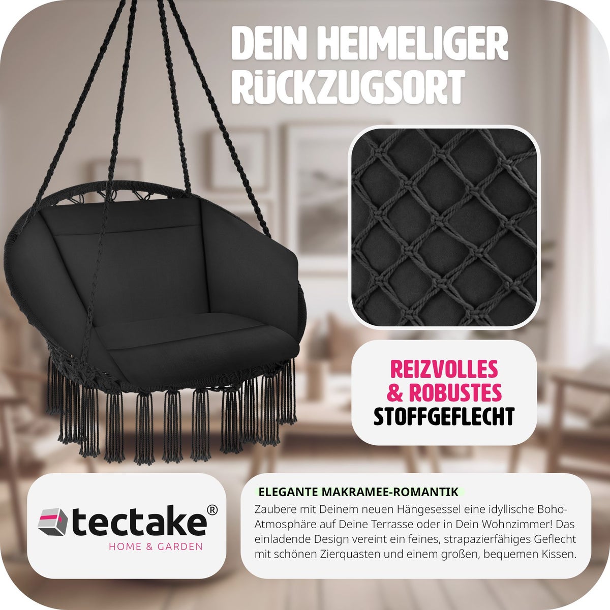 tectake Grazia hangstoel met zit- en rugkussens 80 x 72 x 125 cm
