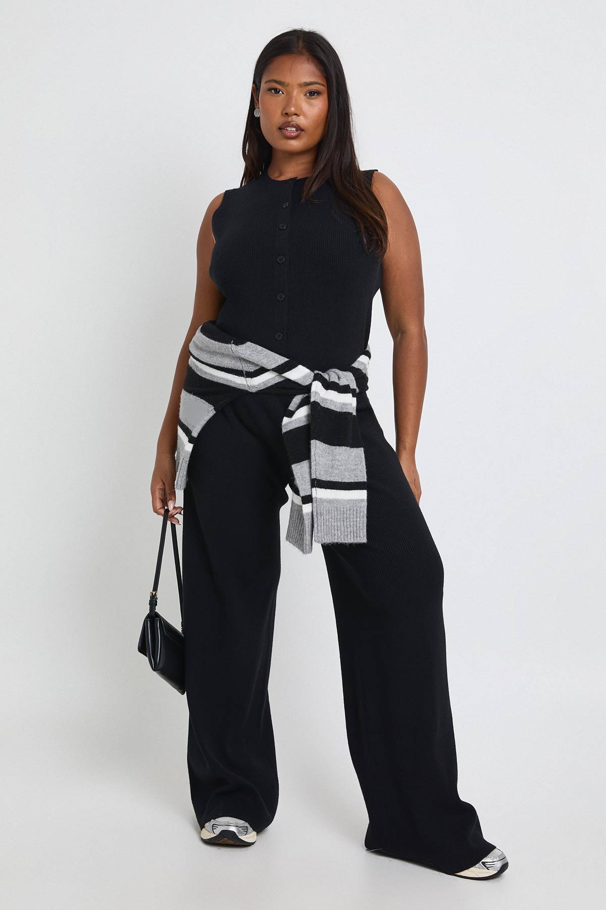 boohoo Ensemble Coordonné Grande Taille Gilet Tricoté Côtelé Super Doux et Pantalon Large