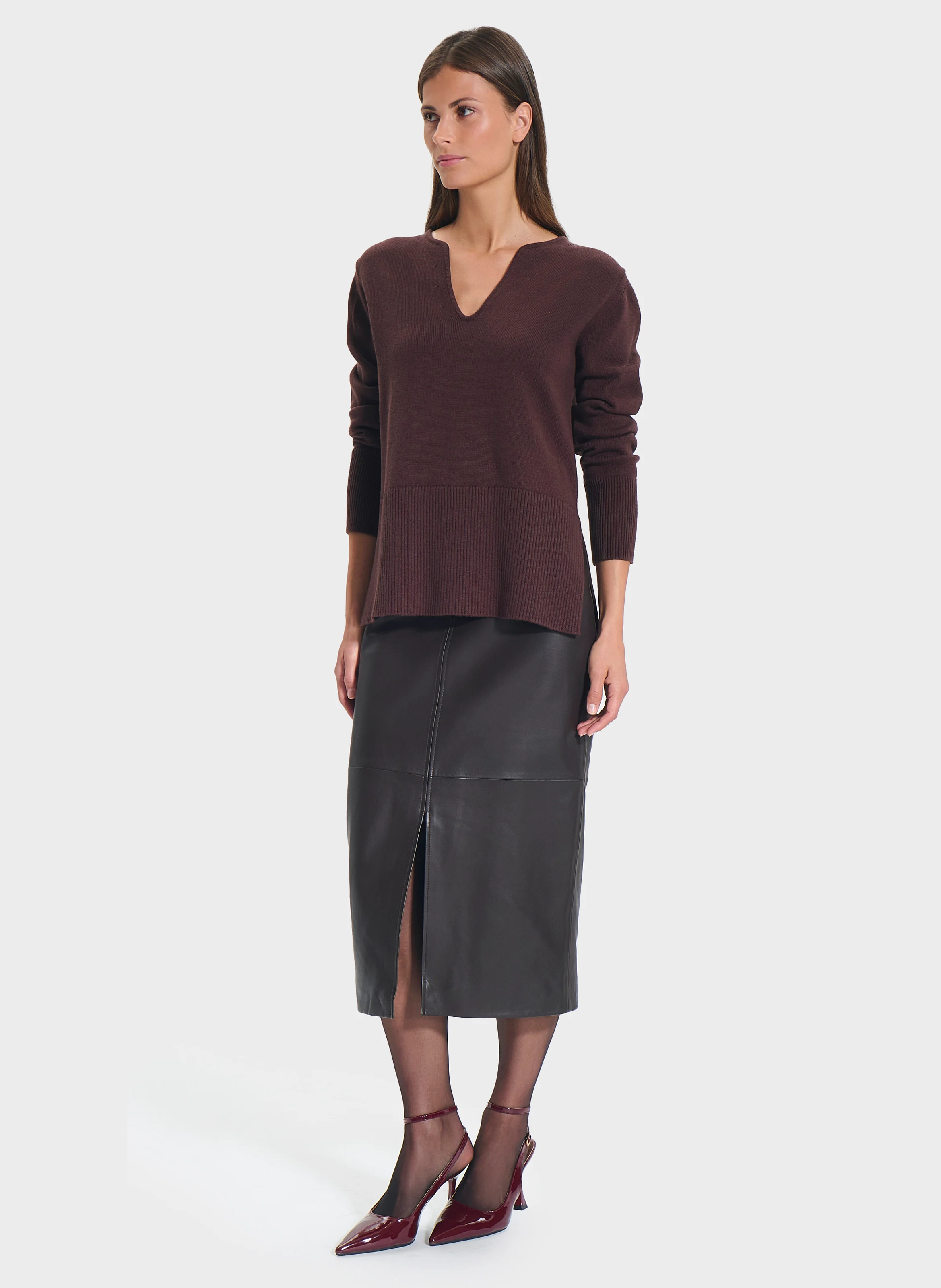 NALANI - Pull col V en laine mélangée | Marron