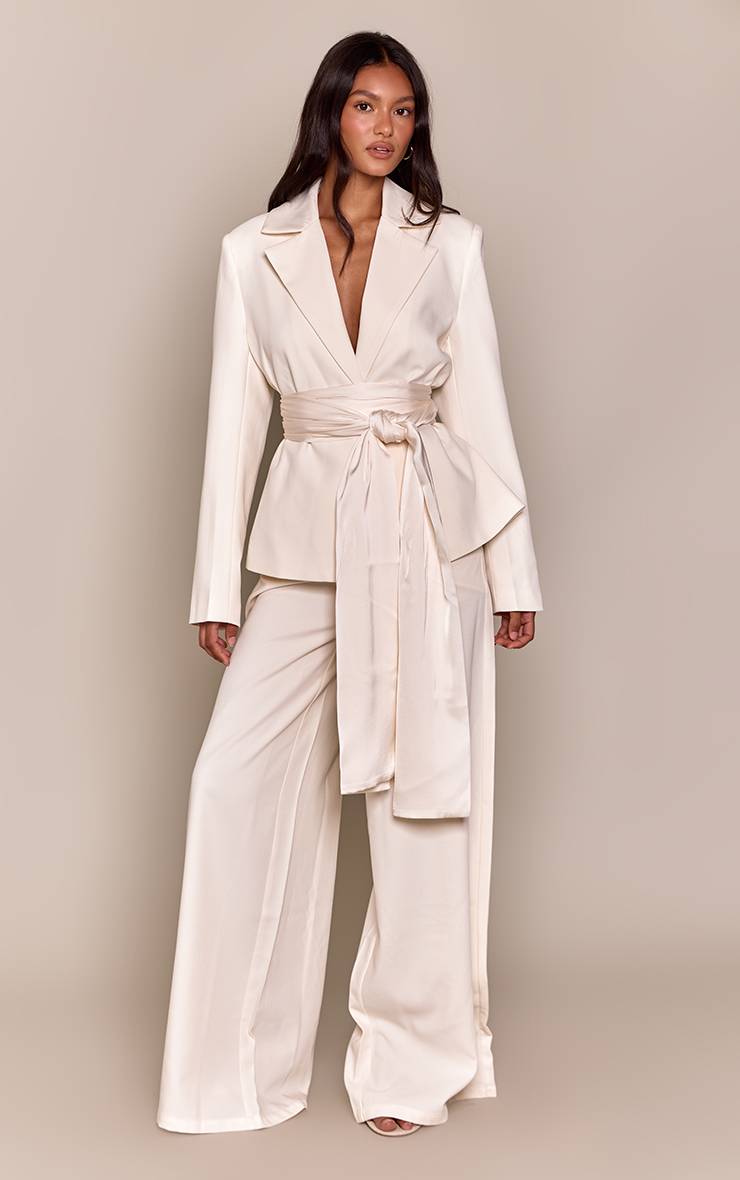 Crème Pantalon Large En Tissu Tissé Ensemble Coordonné
